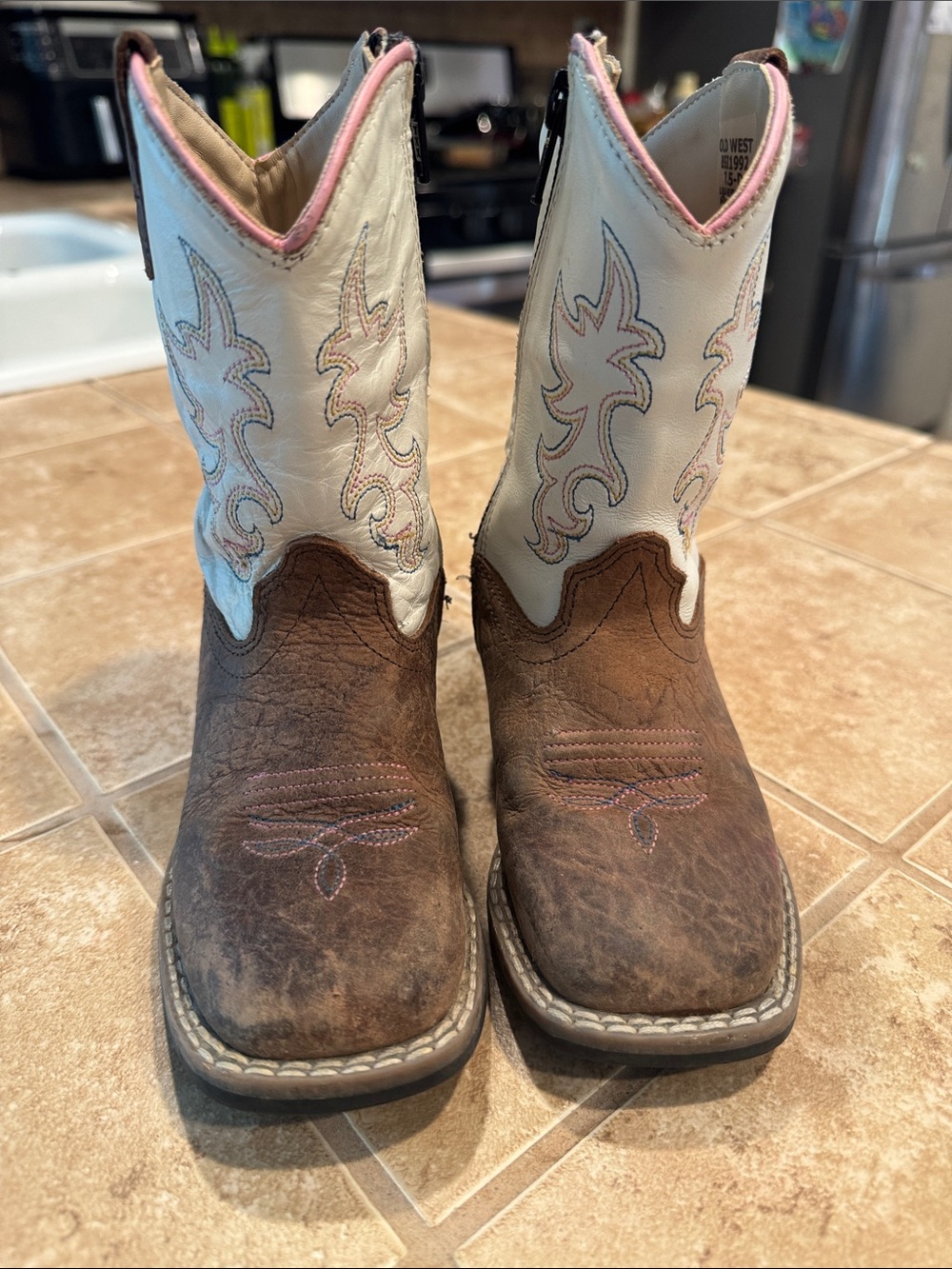 Old West White & Brown Kids Western Boots with Pink Trim